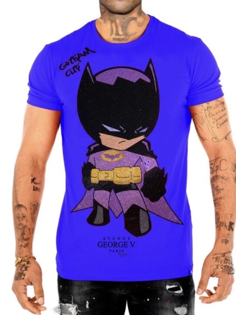 Avenue George V Paris Batman T-Shirt men’s Black Short sleeve Bling Tee NWT
